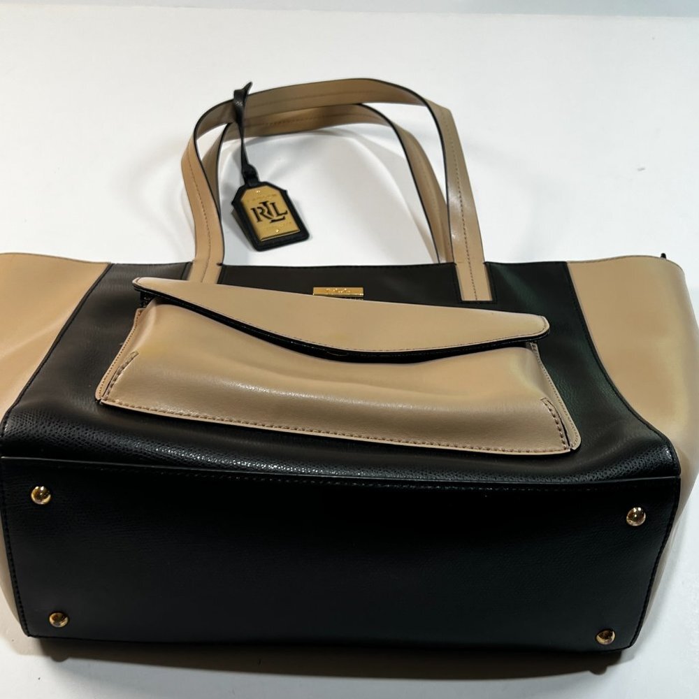 Lauren Ralph Lauren Leather Tote Bag Purse Beige Brown - Picture 8 of 9